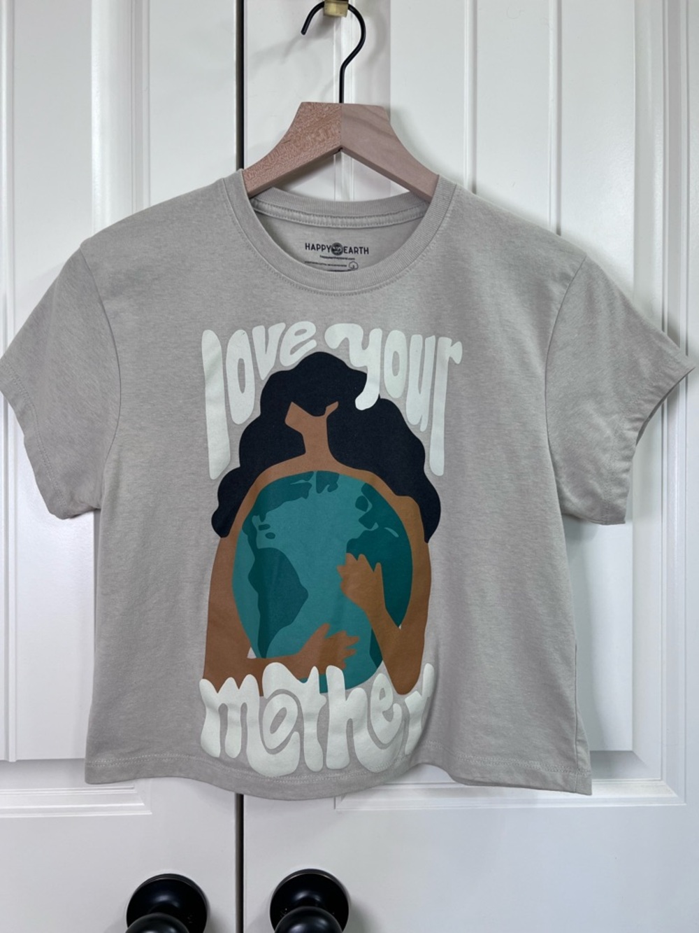 Happy Earth Apparel Womens Cropped Short Sleeves Tee in Beige, Size XL